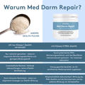 Vergleichsgrafik „Warum Med Darm Repair?“: links Löffel mit „andere Zeolith Pulver“ und Spaltenpunkte (Klasse-I-Zeolith, nur gemahlen, unklare Reinheit, kaum klinische Nachweise); rechts Produktdose „Med Darm Repair“ mit Punkten (Klasse-II-PMA-Zeolith, PMA-Aktivierung, CE-zertifiziertes Medizinprodukt, wissenschaftlich dokumentierte Wirkung).