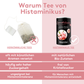 Vergleichstabelle zwischen herkömmlichem Tee und Histaminikus Rosenblütentee. Links: konventioneller Tee mit künstlichen Aromen, Zucker und ungeeignet bei Histaminintoleranz. Rechts: Histaminikus-Tee mit natürlichen Bio-Zutaten, ohne Kristallzucker, für Menschen mit Histaminintoleranz.