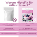 Vergleichsgrafik mit der Überschrift „Warum HistaFix für süßes Dessert?“ Links: neutrale, unbeschriftete Verpackung. Rechts: Produktverpackung von „HistaFix süßes Dessert“ von Histaminikus. Darunter drei Vergleichspunkte in rosa Balken:
Links: „meist viele verschiedene Zusatzstoffe“ – Rechts: „ausschließlich natürliche Zutaten“
Links: „ungeeignet bei Histaminintoleranz“ – Rechts: „für Menschen mit HIT entwickelt“
Links: „oft künstlicher Geschmack“ – Rechts: „schmeckt wie selbstgemacht"