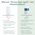 Vergleichsgrafik zum Produkt „Stress lass nach“ von Histaminikus. Links eine generische, weiße Dose mit Nachteilen konventioneller Produkte: Herstellung im Ausland mit niedrigeren Standards, unerwünschte Zusätze, fehlende Laborprüfung und ungünstige Zusammensetzung. Rechts die Dose „Stress lass nach“ mit Vorteilen: Herstellung in Deutschland, ausschließlich histaminarme Inhaltsstoffe, Laborprüfung und minimalistische Rezeptur für beste Verträglichkeit.