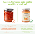 Vergleichsgrafik zweier Gemüsepasten. Links: anonymes Glas mit roter Paste. Darunter steht: „bei einer Histaminintoleranz nicht verträglich“, „oft mit vielen Zusatzstoffen und Geschmacksverstärkern versehen“, „meist Zucker enthalten“. Rechts das Produkt „GEMÜSEPASTE EXOTIC“ von Histaminikus. Darunter steht: „geeignet für eine histaminarme Ernährung“, „ganz OHNE Zusatzstoffe und Geschmacksverstärker“, „ohne Zucker oder andere Süßungsmittel“. Überschrift: „Warum Gemüsepaste Exotic von Histaminikus?"