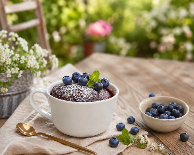 Schoko-Tassenkuchen in einer weißen Tasse, angerichtet auf einem rustikalen Holztisch im Garten. Der Kuchen ist mit Puderzucker bestäubt und mit Heidelbeeren sowie einem Minzblatt dekoriert. Daneben liegen einzelne Heidelbeeren, ein goldener Löffel und ein helles Stofftuch; im Hintergrund sind unscharfe Gartenpflanzen und Blumen zu sehen.