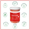 Grafik mit Glas des Paprikamark in der Mitte. Drumherum sieht man Icons mit Vorteilen des Paprikamark wie: histaminarm laborgeprüft, ohne Zusatzstoffe, vegan, ohne Sellerie,  ohne Sonnenblumenöl, glutenfrei, natürliche Zutaten und Bioqualität.