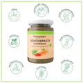 Grafik mit Glas der Gemüsepaste Universal in der Mitte. Drumherum sieht man Icons mit Vorteilen der Gemüsepaste Universal wie: histaminarm laborgeprüft, ohne Zusatzstoffe, vegan, ohne Sellerie,  ohne Sonnenblumenöl, glutenfrei, natürliche Zutaten und Bioqualität.