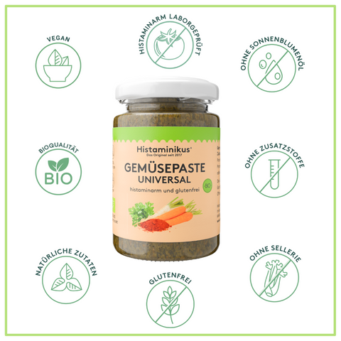 Grafik mit Glas der Gemüsepaste Universal in der Mitte. Drumherum sieht man Icons mit Vorteilen der Gemüsepaste Universal wie: histaminarm laborgeprüft, ohne Zusatzstoffe, vegan, ohne Sellerie,  ohne Sonnenblumenöl, glutenfrei, natürliche Zutaten und Bioqualität.