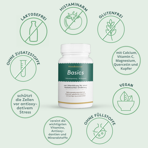 Dose des Produkts „HistaBalance Basics“ zentral im Bild:
– „LAKTOSEFREI“ mit Milchflasche
– „HISTAMINARM“ mit durchgestrichener Tomate
– „GLUTENFREI“ mit durchgestrichenem Getreide
– „mit Calcium, Vitamin C, Magnesium, Quercetin und Kupfer“
– „VEGAN“ mit Schale und Blättern
– „OHNE FÜLLSTOFFE“ mit durchgestrichenem Löffel
– „vereint die wichtigsten Vitamine, Antioxidantien und Mineralstoffe“
– „schützt die Zellen vor antioxidativem Stress“
– „OHNE ZUSATZSTOFFE“ mit durchgestrichenem Reagenzglas.