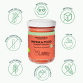 Grafik mit Glas des Paprika Pesto in der Mitte. Drumherum sieht man Icons mit Vorteilen des Paprika Pestos wie: histaminarm laborgeprüft, ohne Zusatzstoffe, vegan, ohne Sellerie,  sojafrei, hefefrei, glutenfrei und Bioqualität