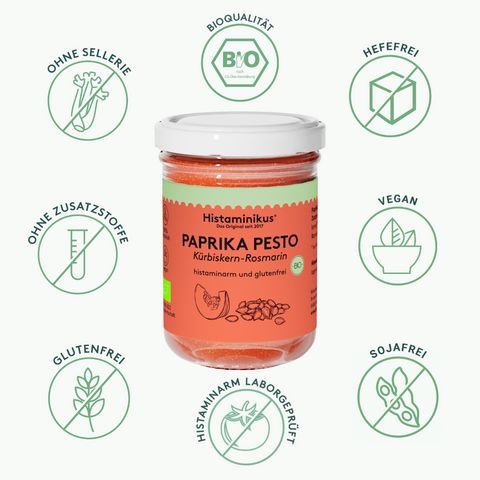 Grafik mit Glas des Paprika Pesto in der Mitte. Drumherum sieht man Icons mit Vorteilen des Paprika Pestos wie: histaminarm laborgeprüft, ohne Zusatzstoffe, vegan, ohne Sellerie,  sojafrei, hefefrei, glutenfrei und Bioqualität