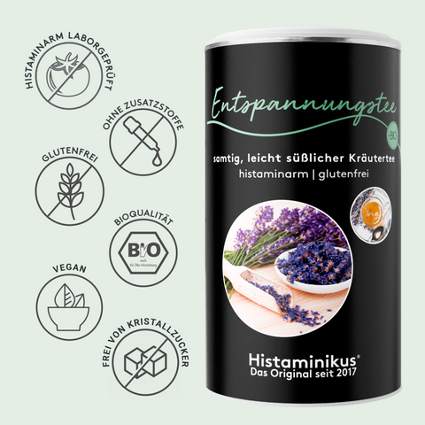 Vorteilsgrafik mit Histaminikus „Entspannungstee“-Dose und Symbol-Icons: „Histaminarm laborgeprüft, ohne Zusatzstoffe, glutenfrei, Bioqualität, vegan, frei von Kristallzucker“. 