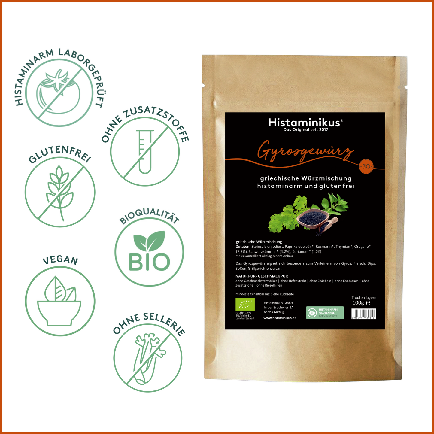 Darstellung der Gewürztüte „Gyrosgewürz“ von Histaminikus mit sieben kreisförmigen Icons: „histaminarm laborgeprüft“, „ohne Zusatzstoffe“, „glutenfrei“, „Bioqualität“, „vegan“, „ohne Sellerie“. Auf dem Produktetikett ist die Zutatendeklaration sichtbar.