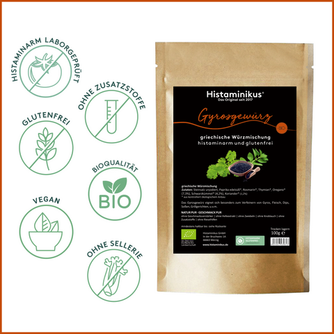 Darstellung der Gewürztüte „Gyrosgewürz“ von Histaminikus mit sieben kreisförmigen Icons: „histaminarm laborgeprüft“, „ohne Zusatzstoffe“, „glutenfrei“, „Bioqualität“, „vegan“, „ohne Sellerie“. Auf dem Produktetikett ist die Zutatendeklaration sichtbar.