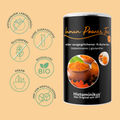 Produktabbildung des „Immun Power Tee“ von Histaminikus auf orangefarbenem Hintergrund. Daneben Icons mit den Texten „histaminarm laborgeprüft“, „ohne Zusatzstoffe“, „glutenfrei“, „Bioqualität“, „vegan“, „frei von Kristallzucker“.