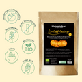 Grafik mit der Packung der Kartoffelwürze auf der rechten Seite. Auf der linken Seite sieht man Icons mit Vorteilen der Kartoffelwürze wie: histaminarm laborgeprüft, ohne Zusatzstoffe, vegan, ohne Mais, glutenfrei und Bioqualität.