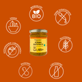 Produktgrafik des Histaminikus Kürbisaufstrichs mit den Vorteilen: Bio-Qualität, vegan, glutenfrei, laktosefrei, nussfrei, ohne Zusatzstoffe und histaminarm laborgeprüft.