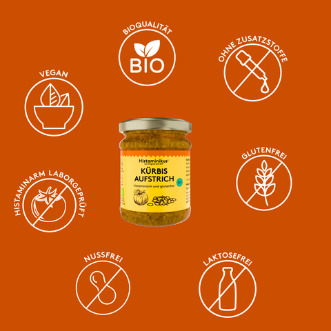 Produktgrafik des Histaminikus Kürbisaufstrichs mit den Vorteilen: Bio-Qualität, vegan, glutenfrei, laktosefrei, nussfrei, ohne Zusatzstoffe und histaminarm laborgeprüft.