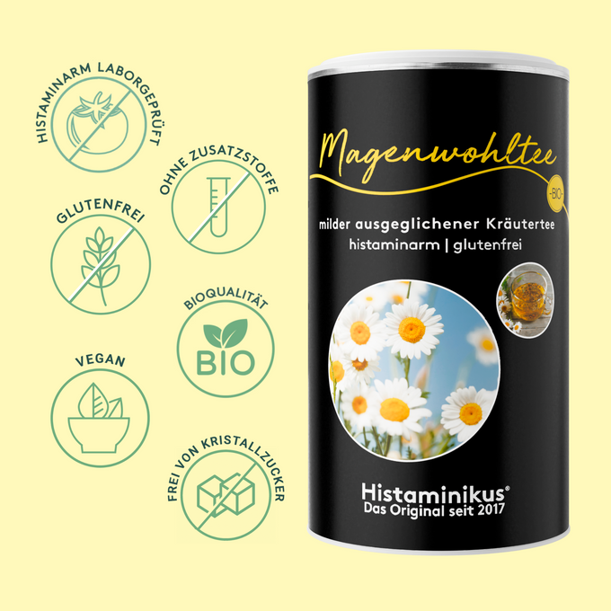 Schwarze Dose Magenwohltee mit Kamillenblütenbild, daneben sechs grüne Siegel: histaminarm laborgeprüft, glutenfrei, ohne Zusatzstoffe, Bioqualität, vegan, frei von Kristallzucker.
