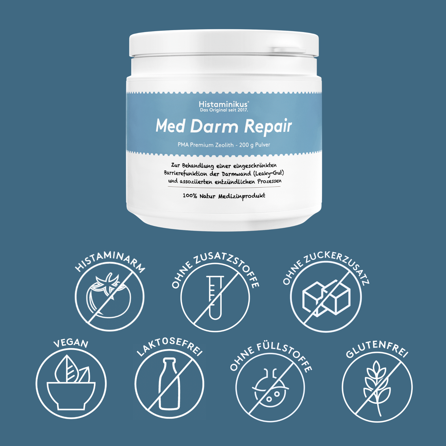 Produktabbildung „Med Darm Repair“ auf blauem Grund; unterhalb sieben runde Icons mit Labels: „Histaminarm“, „Ohne Zusatzstoffe“, „Ohne Zuckerzusatz“, „Vegan“, „Laktosefrei“, „Ohne Füllstoffe“, „Glutenfrei“.