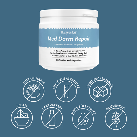 Produktabbildung „Med Darm Repair“ auf blauem Grund; unterhalb sieben runde Icons mit Labels: „Histaminarm“, „Ohne Zusatzstoffe“, „Ohne Zuckerzusatz“, „Vegan“, „Laktosefrei“, „Ohne Füllstoffe“, „Glutenfrei“.