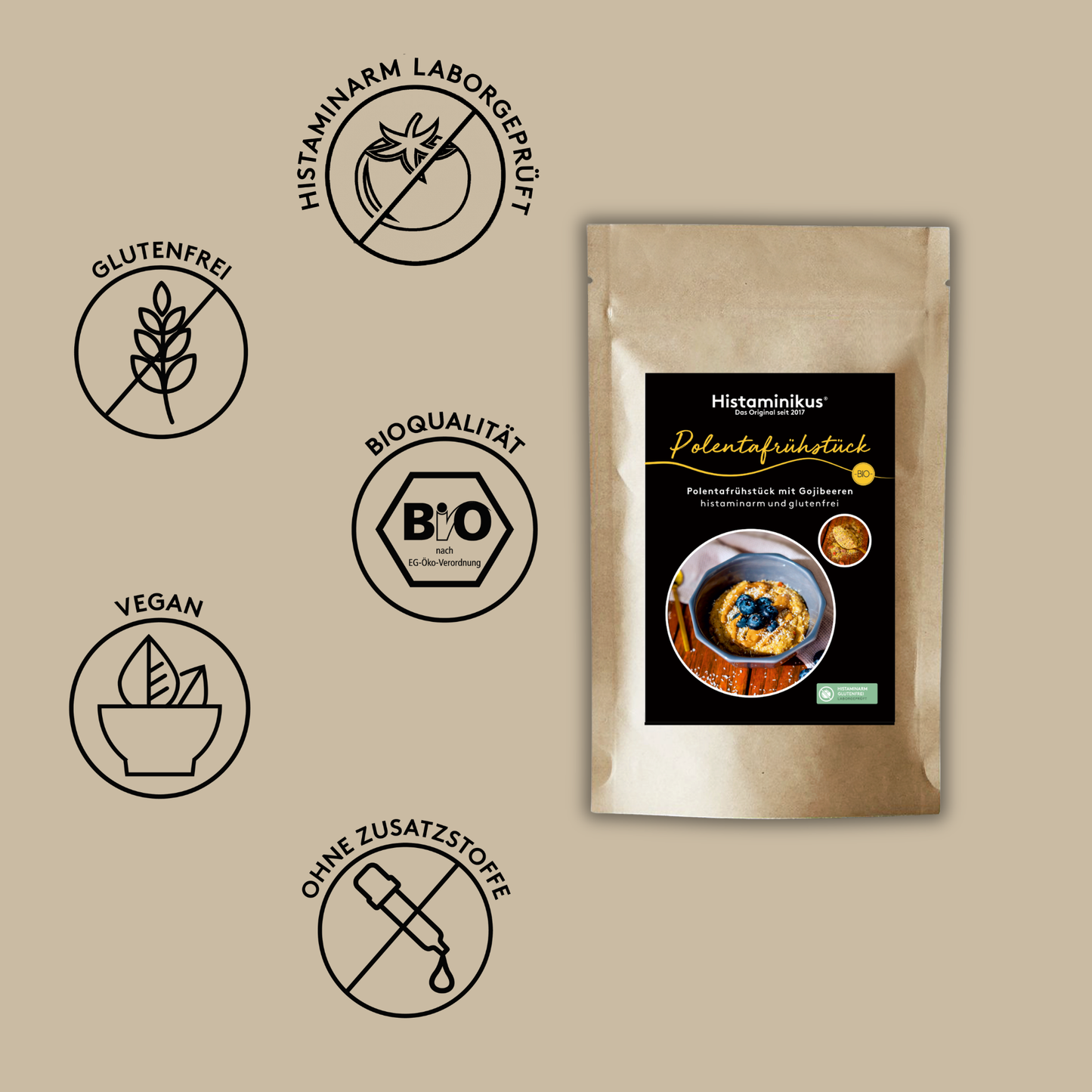 Produktabbildung eines Beutels „Histaminikus Polentafrühstück“. Links daneben fünf Siegel: histaminarm laborgeprüft, glutenfrei, Bioqualität, vegan und ohne Zusatzstoffe. Auf der Verpackung eine Schüssel Polentafrühstück mit Beeren.