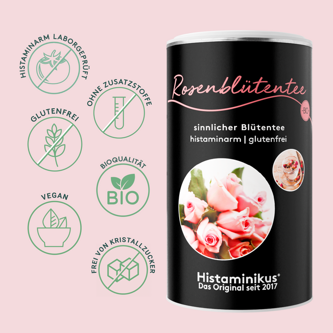 Dose Histaminikus Rosenblütentee in der Mitte, umgeben von Symbolen für: glutenfrei, natürliche Zutaten, frei von Kristallzucker, histaminarm laborgeprüft, vegan und Bioqualität.