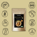Produktabbildung von Histaminikus Winterknusper Müsli in einer braunen Standbodenverpackung mit schwarzem Etikett und Schale Müsli auf der Vorderseite. Rund um die Verpackung sind Siegel dargestellt: histaminarm laborgeprüft, Bioqualität, glutenfrei,
