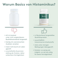 Vergleichsgrafik mit dem Titel „Warum Basics von Histaminikus?“
Links: neutrale weiße Dose mit rotem Daumen-nach-unten-Symbol. Textpunkte:
– oft im Ausland unter nicht vergleichbaren Qualitätsstandards hergestellt
– häufig mit unerwünschten Zusätzen versehen
– meist nicht durch ein Labor geprüft
– unvorteilhafte Zusammensetzung der Zutaten, daher schlechtere Verträglichkeit

Rechts: Dose des Produkts „HistaBalance Basics“ mit grünem Daumen-nach-oben-Symbol. Textpunkte:
– in Deutschland hergestelltes Qualitä
