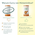 Vergleichsgrafik mit Titel „Warum Curry von Histaminikus?“.
Links: Dose mit Aufschrift „Herkömmliches Curry“, Daumen-runter-Symbol, drei Nachteile: unerwünschte Zusätze, nicht laborgeprüft, Herstellung im Ausland.
Rechts: Dose „Curry mild“ von Histaminikus mit Daumen-hoch-Symbol, Vorteile: histaminarme Inhaltsstoffe, laborgeprüft, Qualitätsprodukt aus Deutschland.