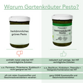 Vergleichsgrafik zwischen einem herkömmlichen Pesto und dem Gartenkräuterpesto  von Histaminikus. Links wird das herkömmliche Pesto als ungeeignet bei Histaminintoleranz (HIT) dargestellt, mit vielen Zusatzstoffen und unverträglichen Zutaten. Rechts wird das Gartenkräuterpesto von Histaminikus als histaminarm, glutenfrei und ohne Zusatzstoffe hervorgehoben. Enthält geeignete Zutaten wie Kürbiskerne, Basilikum und Petersilie