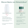 Vergleichsgrafik zu HistaBalance Basics von Histaminikus. Gegenübergestellt werden herkömmliche Nahrungsergänzungsmittel und HistaBalance Basics. Hervorgehoben werden die Herstellung in Deutschland, histaminarme Inhaltsstoffe, Laborprüfungen sowie der Verzicht auf Zusatz- und Füllstoffe.