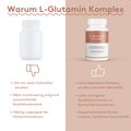 Vergleichsgrafik zum HistaBalance L-Glutamin Komplex. Gegenübergestellt werden herkömmliche Produkte und der L-Glutamin Komplex mit L-Glutamin und Olivenblattextrakt. Hervorgehoben werden die Produktion in Deutschland unter Qualitätskontrollen sowie ein Kapselinhalt ohne Gluten, Laktose und künstliche Zusatzstoffe.