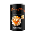 Schwarze Teedose mit der Aufschrift „Wohlfühltee – weicher ausgewogener Kräutertee – histaminarm | glutenfrei“. Auf dem Etikett ein großes rundes Bild mit einer Glastasse gefüllt mit Kräutertee, dekoriert mit Kamillenblüten, daneben ein kleineres Bild mit getrockneten Blüten. Unten das Logo „Histaminikus – Das Original seit 2017“.