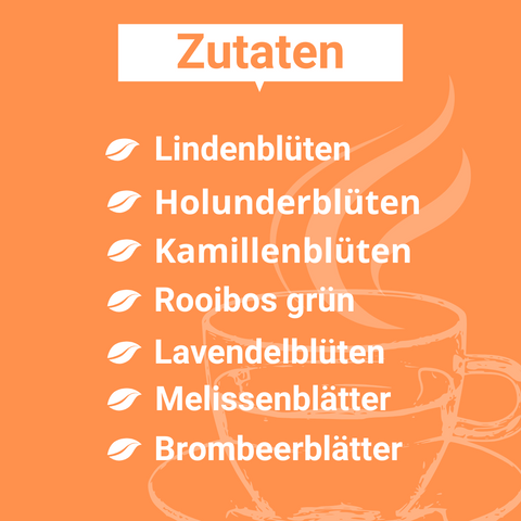 Grafik mit Zutaten des Wohlfühltees. Auf orangefarbenem Hintergrund sind weiße Blatt-Icons und die Zutaten gelistet: Lindenblüten, Holunderblüten, Kamillenblüten, Rooibos grün, Lavendelblüten, Melissenblätter, Brombeerblätter. Im Hintergrund ist eine stilisierte dampfende Teetasse zu sehen.