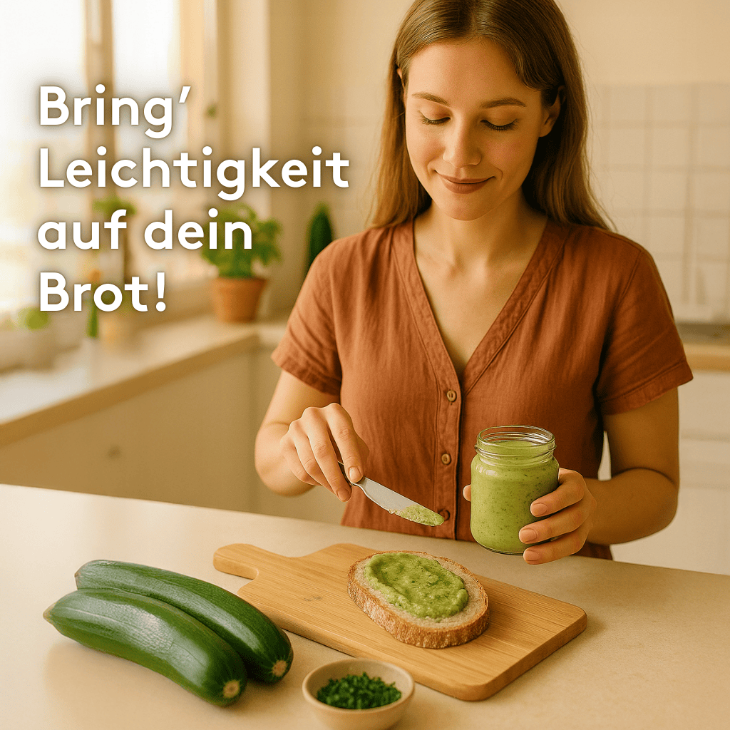 Junge Frau in heller Küche streicht Zucchini-Aufstrich auf eine Scheibe Brot. Neben ihr liegen zwei frische Zucchini und eine kleine Schale Schnittlauch. Links oben der weiße Text „Bring’ Leichtigkeit auf dein Brot!“.