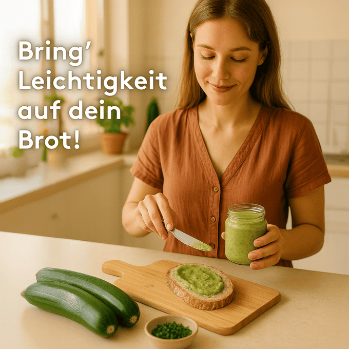 Junge Frau in heller Küche streicht Zucchini-Aufstrich auf eine Scheibe Brot. Neben ihr liegen zwei frische Zucchini und eine kleine Schale Schnittlauch. Links oben der weiße Text „Bring’ Leichtigkeit auf dein Brot!“.