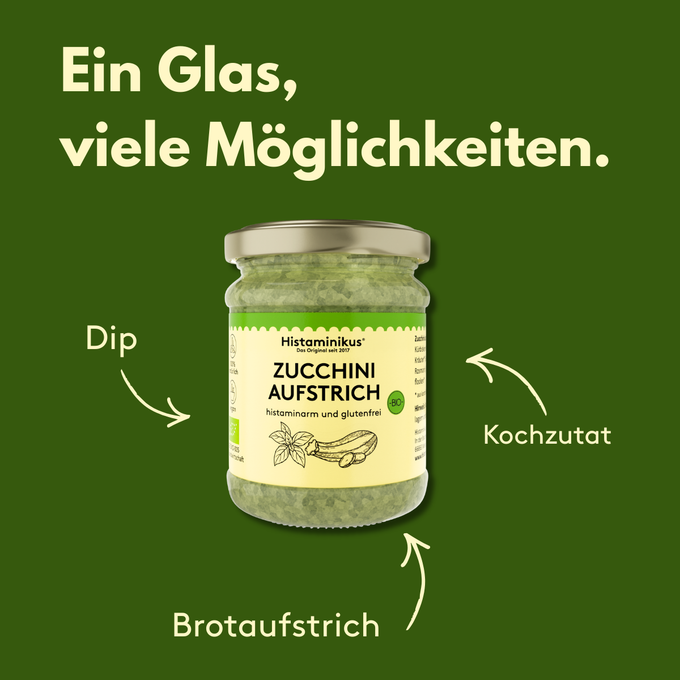 Grünes Bild mit dem Schriftzug „Ein Glas, viele Möglichkeiten.“. In der Mitte steht ein Glas Histaminikus Zucchini-Aufstrich mit beiger Etikette und goldenem Deckel. Um das Glas herum zeigen Pfeile auf die Einsatzmöglichkeiten „Dip“, „Kochzutat“ und „Brotaufstrich“.