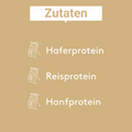Grafik mit Zutatenangabe für die „Proteinquelle“-Mischung von Histaminikus. Beigefarbener Hintergrund mit dem Titel „Zutaten“ oben. Aufgelistet werden Haferprotein, Reisprotein und Hanfprotein. Links neben den Zutaten jeweils ein Shaker-Symbol.