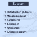 Grafik mit hellblauem Hintergrund. Überschrift „Zutaten“, darunter eine Liste mit:

-Haferflocken glutenfrei
-Macadamianüsse
-Kürbiskerne
-Leinsamen
-Chiasamen
-Amaranth gepufft

Im Hintergrund eine gezeichnete Müslischale mit Löffel.