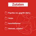 Grafik auf der folgende Zutaten aufgeführt sind:

Paprika rot gegrillt (86%), Verjus, Kartoffelflocken, Steinsalz unjodiert