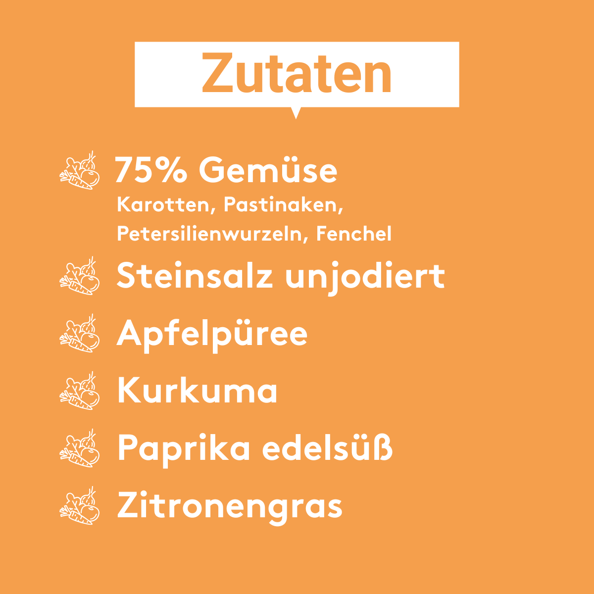 Grafik auf der folgende Zutaten aufgeführt sind: 75% Gemüse, wie Karotten, Pastinaken, Petersilienwurzeln, Fenchel,
Steinsalz unjodiert,
Apfelpüree,
Kurkuma,
Paprika edelsüß,
Zitronengras