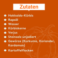 Übersicht der Zutaten des Histaminikus Kürbisaufstrichs mit Hokkaido-Kürbis, Kürbiskernen, Verjus, Rapsöl und Bio-Gewürzen.