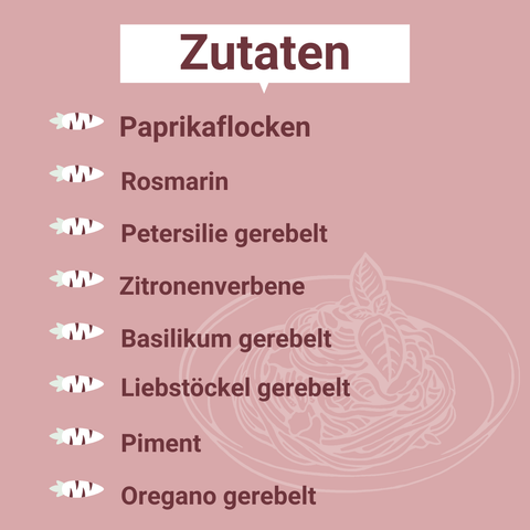 Zutatenübersicht auf roséfarbenem Hintergrund mit weißer Sprechblase und der Überschrift „Zutaten“. Aufgelistet sind Paprikaflocken, Rosmarin, Petersilie gerebelt, Zitronenverbene, Basilikum gerebelt, Liebstöckel gerebelt, Piment und Oregano gerebelt. Im Hintergrund ist eine helle Linienzeichnung eines Pastatellers zu sehen.