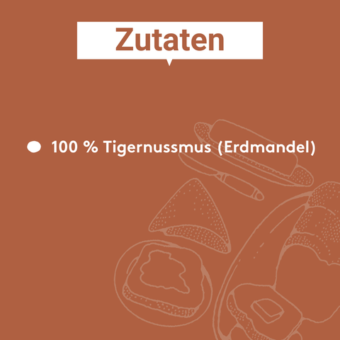 Grafik mit der Überschrift „Zutaten“ in einer weißen Sprechblase auf braunem Hintergrund. Darunter steht als einziger Stichpunkt „100 % Tigernussmus (Erdmandel)“. Im unteren rechten Bereich sind dezente lineare Illustrationen von Tigernüssen und aufgeschnittenen Erdmandeln im Hintergrund dargestellt.