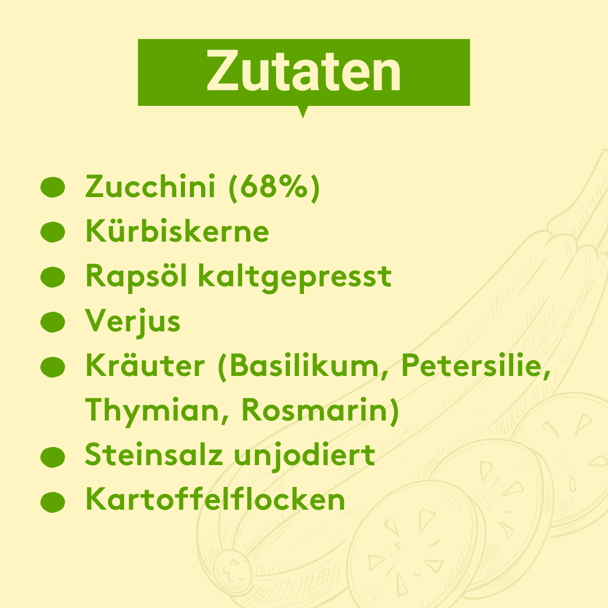 Helle Grafik mit grünem Titel „Zutaten“ in einem breiten Banner. Darunter eine Liste in grüner Schrift mit Punkten: Zucchini (68 %), Kürbiskerne, kaltgepresstes Rapsöl, Verjus, Kräuter (Basilikum, Petersilie, Thymian, Rosmarin), unjodiertes Steinsalz, Kartoffelflocken. Rechts angedeutete Zucchini-Illustration.