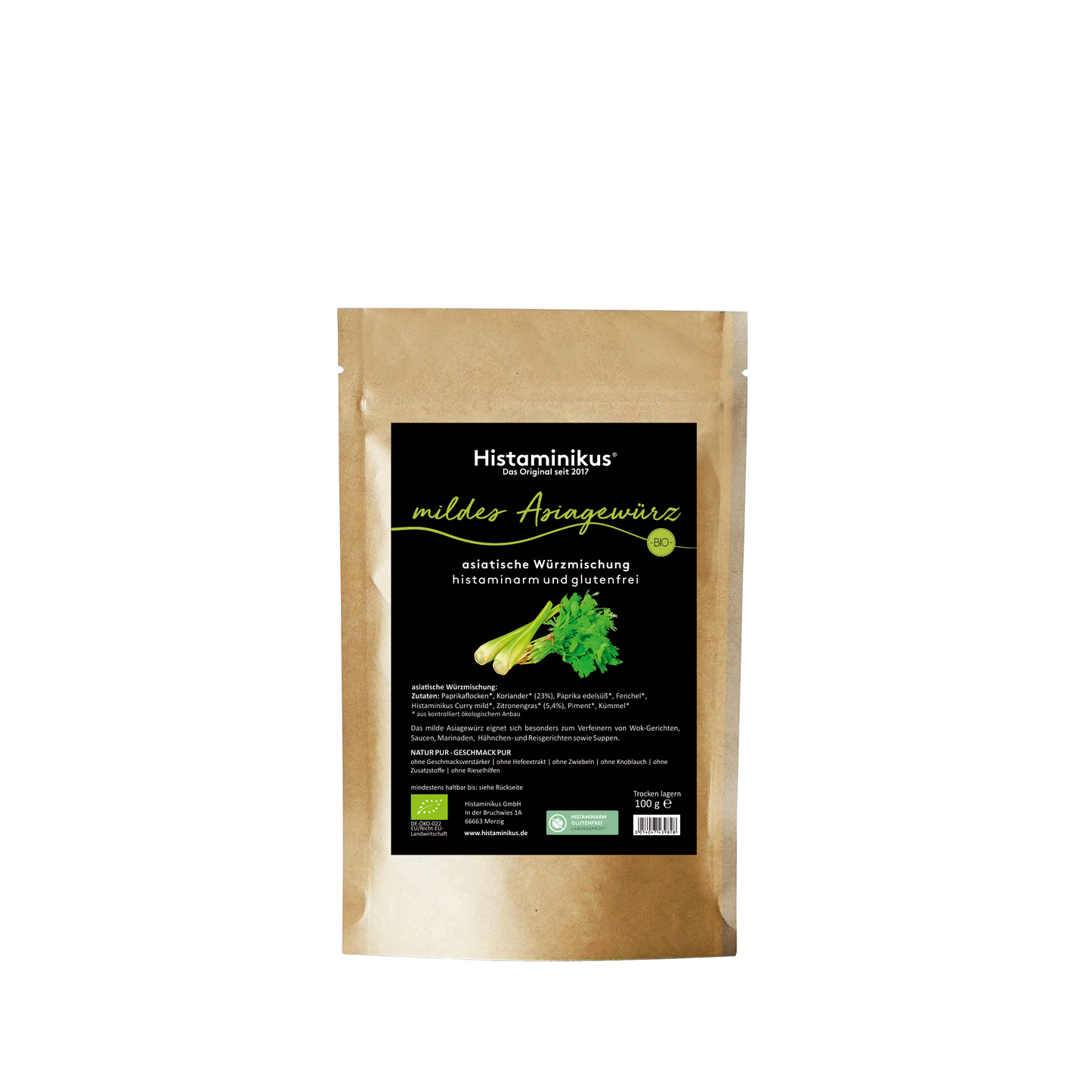 Stehende Papierverpackung „Mildes Asiagewürz“ von Histaminikus mit schwarzem Etikett, grüner Schrift, Abbildung von Zitronengras und Koriander sowie Produkt- und Zutatenangaben. 