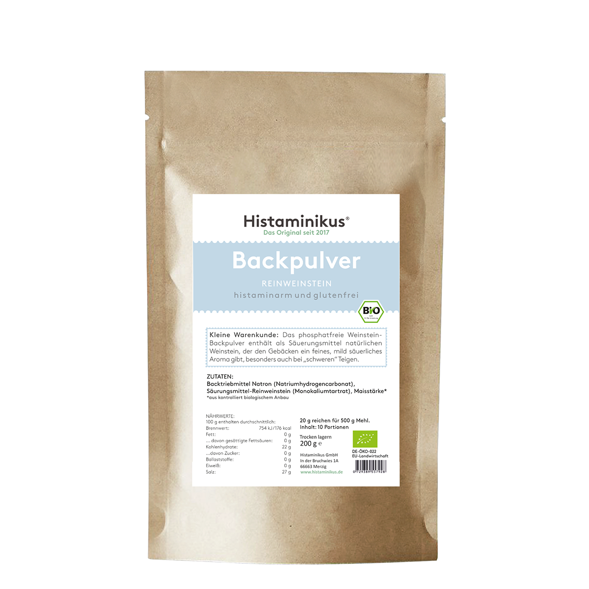 Beiger Standbeutel mit weiß-blauem Etikett. Aufschrift: „Histaminikus – Das Original seit 2017“, „Backpulver – REINWEINSTEIN – histaminarm und glutenfrei“. Das Etikett enthält Angaben zu Zutaten, Nährwerten, Anwendung und eine kleine Warenkunde über die Verwendung von natürlichem Weinstein als Säuerungsmittel. Aufdrucke für Bio- und EU-Zertifizierung sowie Herstellerinformationen unten rechts.
