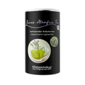 Freigestellter Packshot der runden Dose „Bina’s Atemfrei Tee“ vor weißem Hintergrund. Schwarzes Etikett mit Text „befreiender Kräutertee – histaminarm | glutenfrei“, großes Foto einer Glas-Tasse mit grünem Kräutertee und Kräutern, daneben kleine runde Detailaufnahme blühender Kräuter.