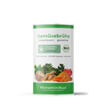 Weiße Dose mit grünem Deckelrand und grünem Etikett unten. Aufschrift „Gemüsebrühe – Histaminarm, glutenfrei“. Abgebildet sind verschiedene Gemüse und Gewürze wie Sellerie, Kurkuma, Karotten, Petersilie und Paprika. Daneben ein grünes „BIO“-Siegel.