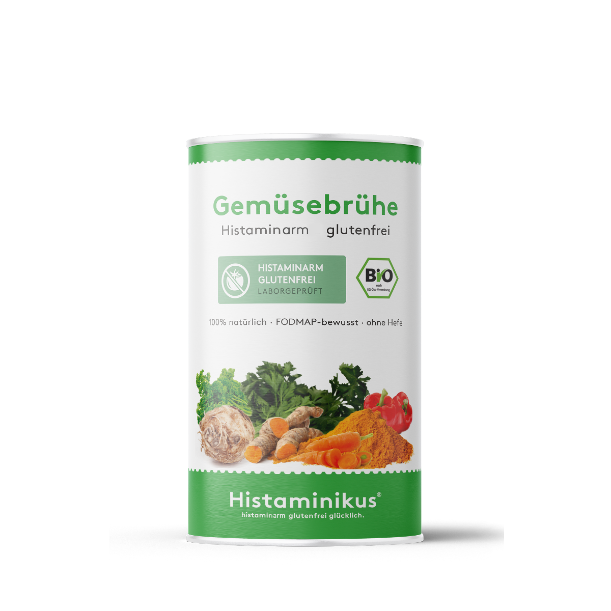 Weiße Dose mit grünem Deckelrand und grünem Etikett unten. Aufschrift „Gemüsebrühe – Histaminarm, glutenfrei“. Abgebildet sind verschiedene Gemüse und Gewürze wie Sellerie, Kurkuma, Karotten, Petersilie und Paprika. Daneben ein grünes „BIO“-Siegel.