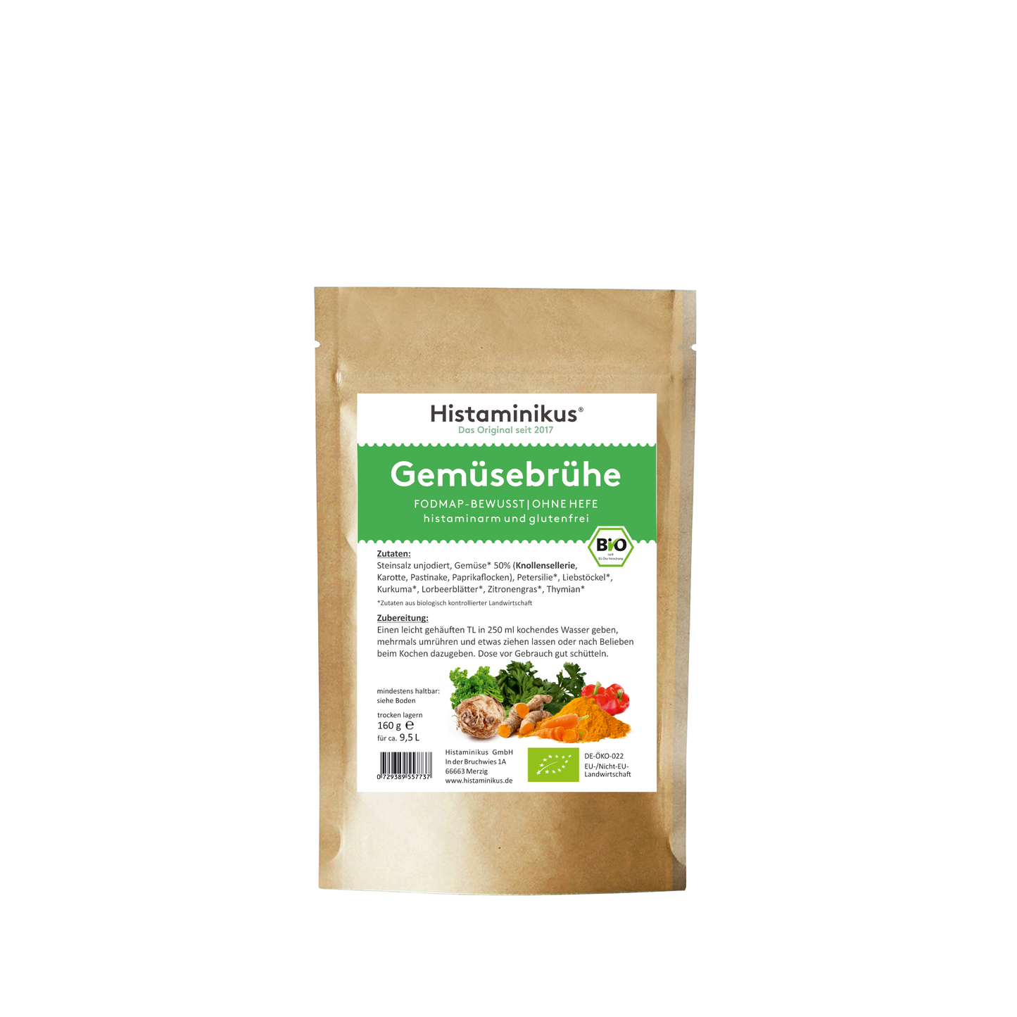 Braune Beutelverpackung der Histaminikus Gemüsebrühe. Auf der Vorderseite befindet sich ein weiß-grünes Etikett mit der Produktbezeichnung „Gemüsebrühe“ sowie Hinweisen zu FODMAP-bewusster Rezeptur, ohne Hefe, histaminarm und glutenfrei. Unten sind abgebildete Zutaten wie Sellerieknolle, Karotten, Kräuter, Paprika und Gewürze zu sehen.