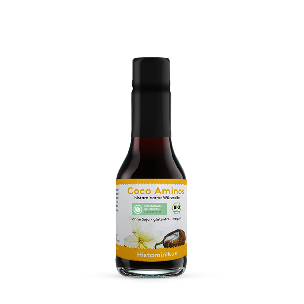 Kleine Glasflasche (145 ml) mit schwarzem Deckel und Etikett „Coco Aminos – histaminarme Würzsoße“. Bio- und histaminarm-Siegel, Aufschrift: ohne Soja, glutenfrei, vegan.